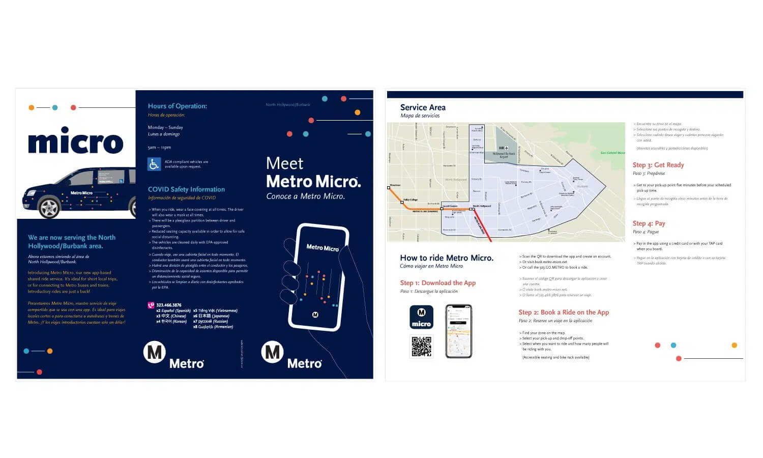 Print designs on tri-fold brochures for metro micro los angeles transportation project with ready artwork