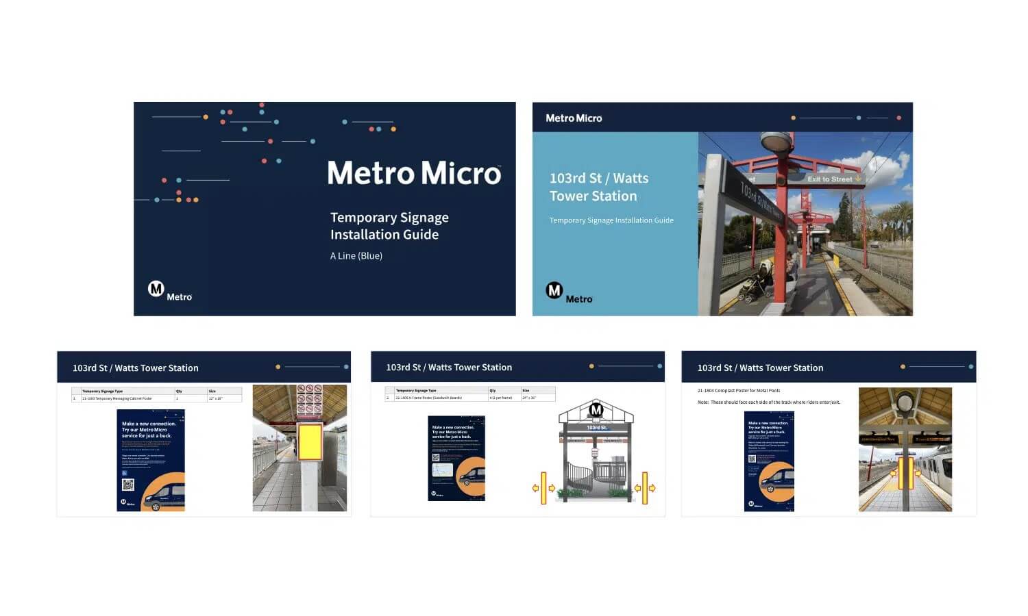 Print designs on posters and wayfinders for metro micro los angeles transportation project with ready artwork