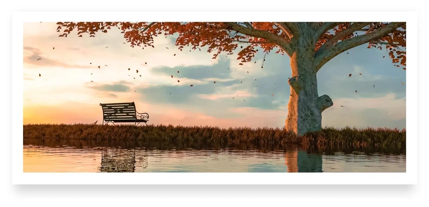 Bench and tree by a calm lake at sunset with autumn leaves falling