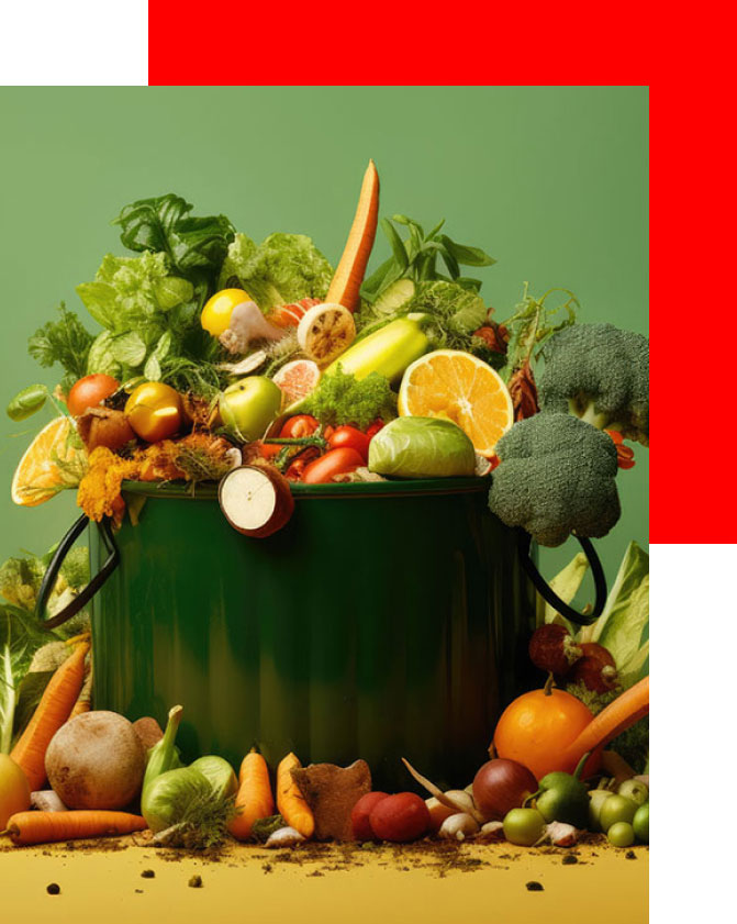 Scrap vegetables and other food wastes in a green trash can.