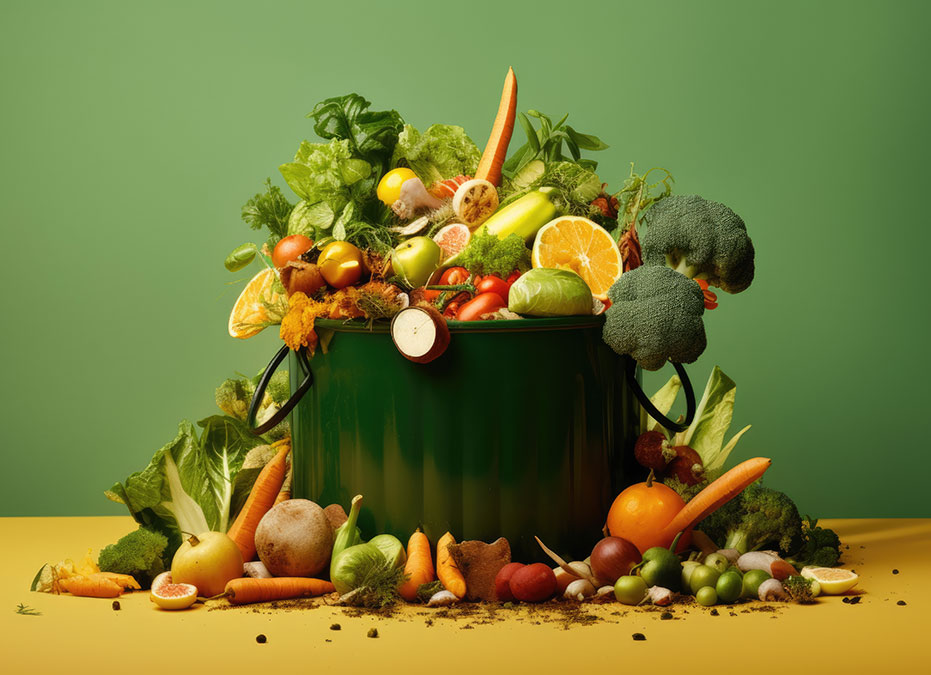 Scrap vegetables and other food wastes in a green waste bin.