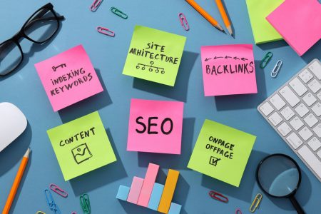 Sticky notes with SEO terms like backlinks, indexing, keywords, onpage, offpage, site architecture.